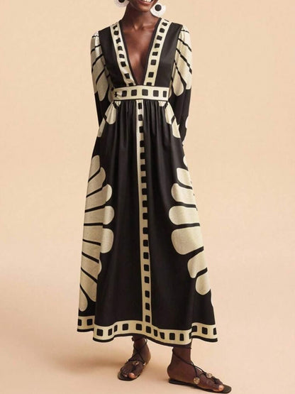 Hazel Blues® |  Printed Deep V-Neck Long Sleeve Dress