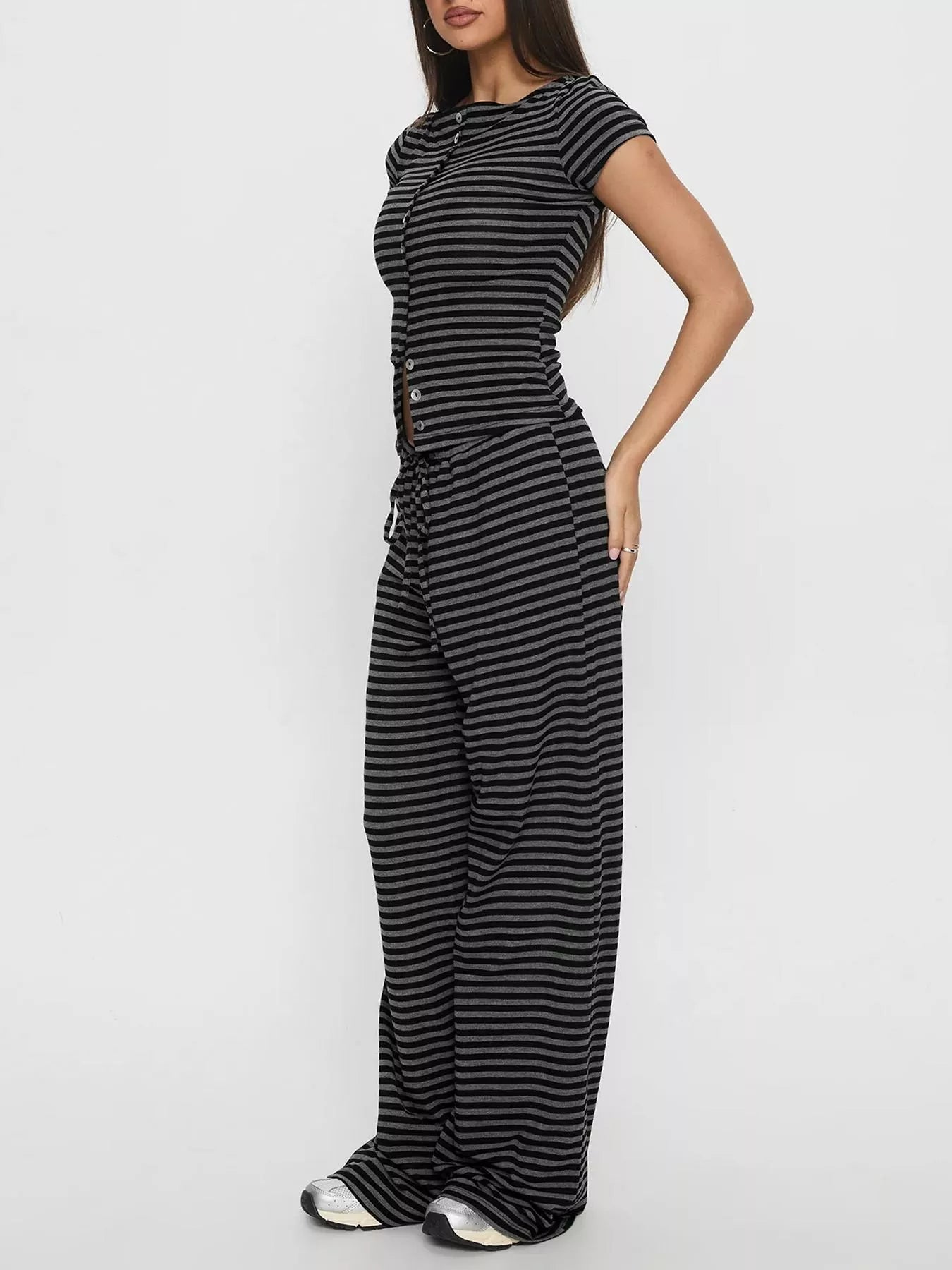 Hazel Blues® |  Striped Button-Down Top and Wide-Leg Pants Set
