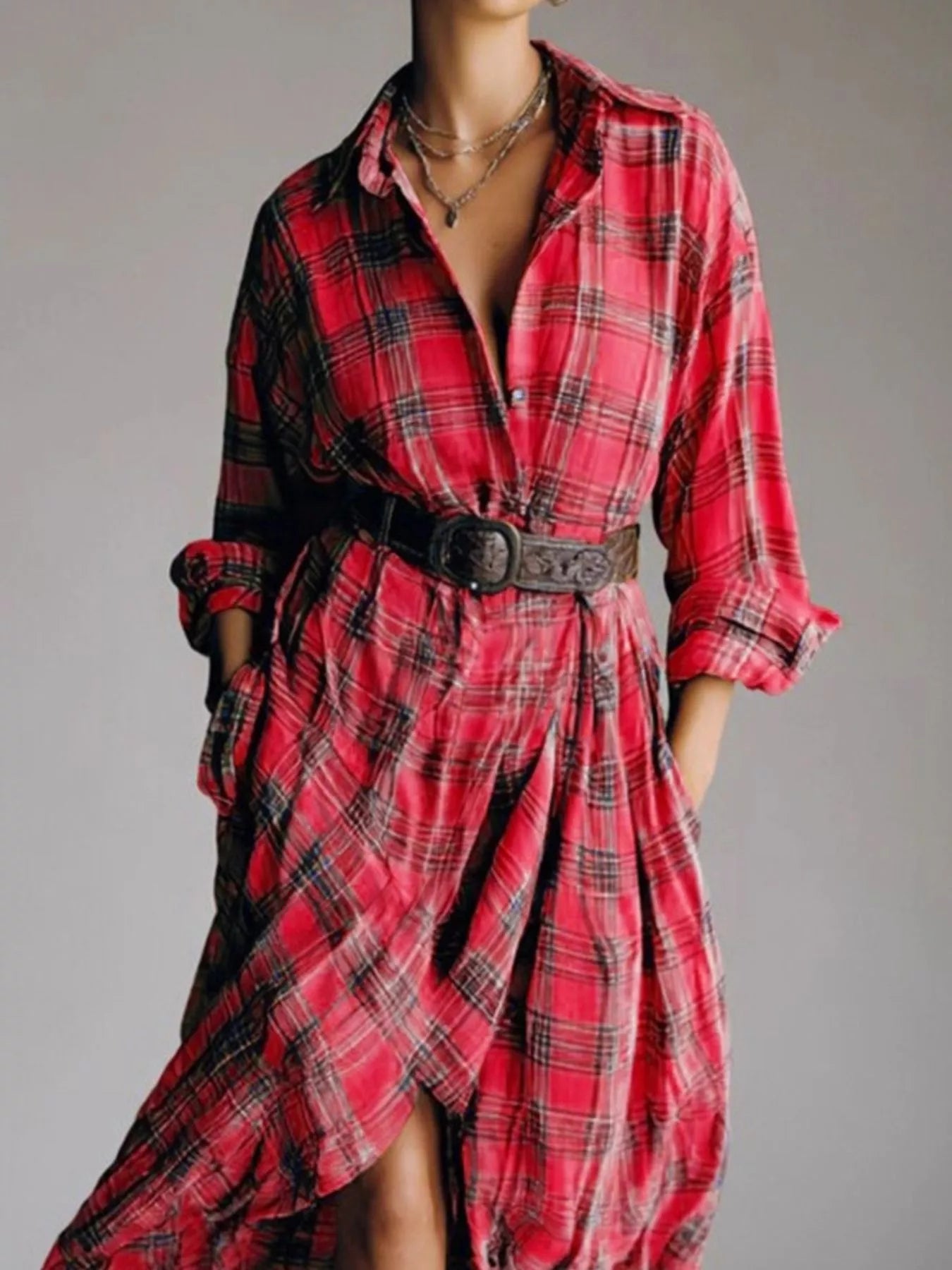Hazel Blues® | Plaid High-Low Long Sleeve Shirt Dress