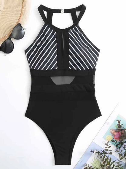 Hazel Blues® | Mesh Detail Backless Striped One-Piece Swimsuit