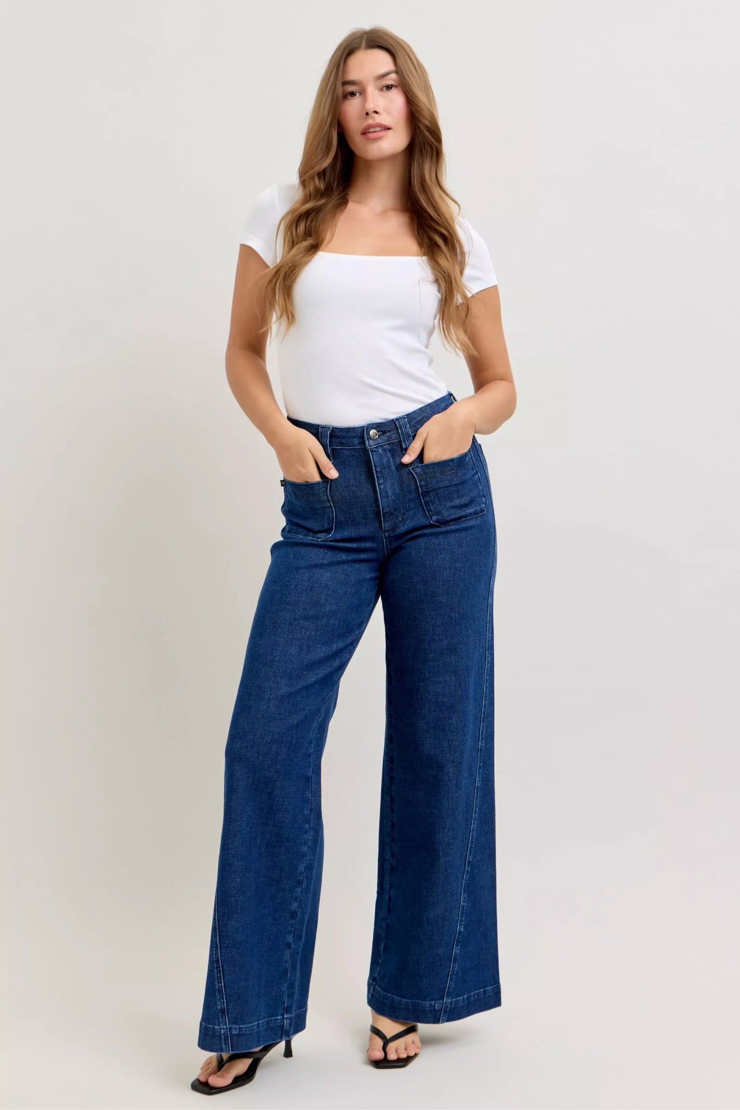 Hazel Blues® |  Judy Blue High-Waisted Retro Wide Jeans with Patch Pkts & Twisted Seams