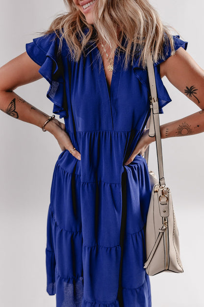 Hazel Blues® |  Ruffled Short Sleeve Collared V Neck Tiered Midi Dress