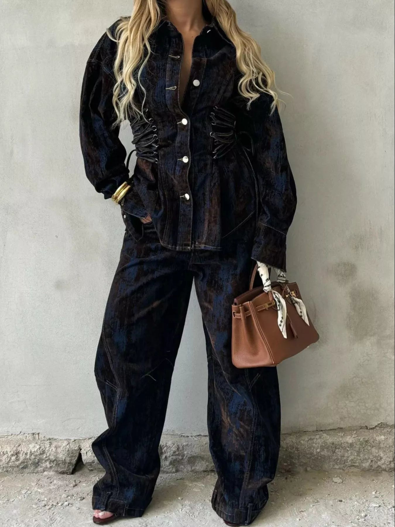Hazel Blues® |  Lace Up Button Up Jacket and Jeans Denim Set