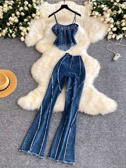 Hazel Blues® |  Raw Hem Denim Cami and Flare Jeans Set