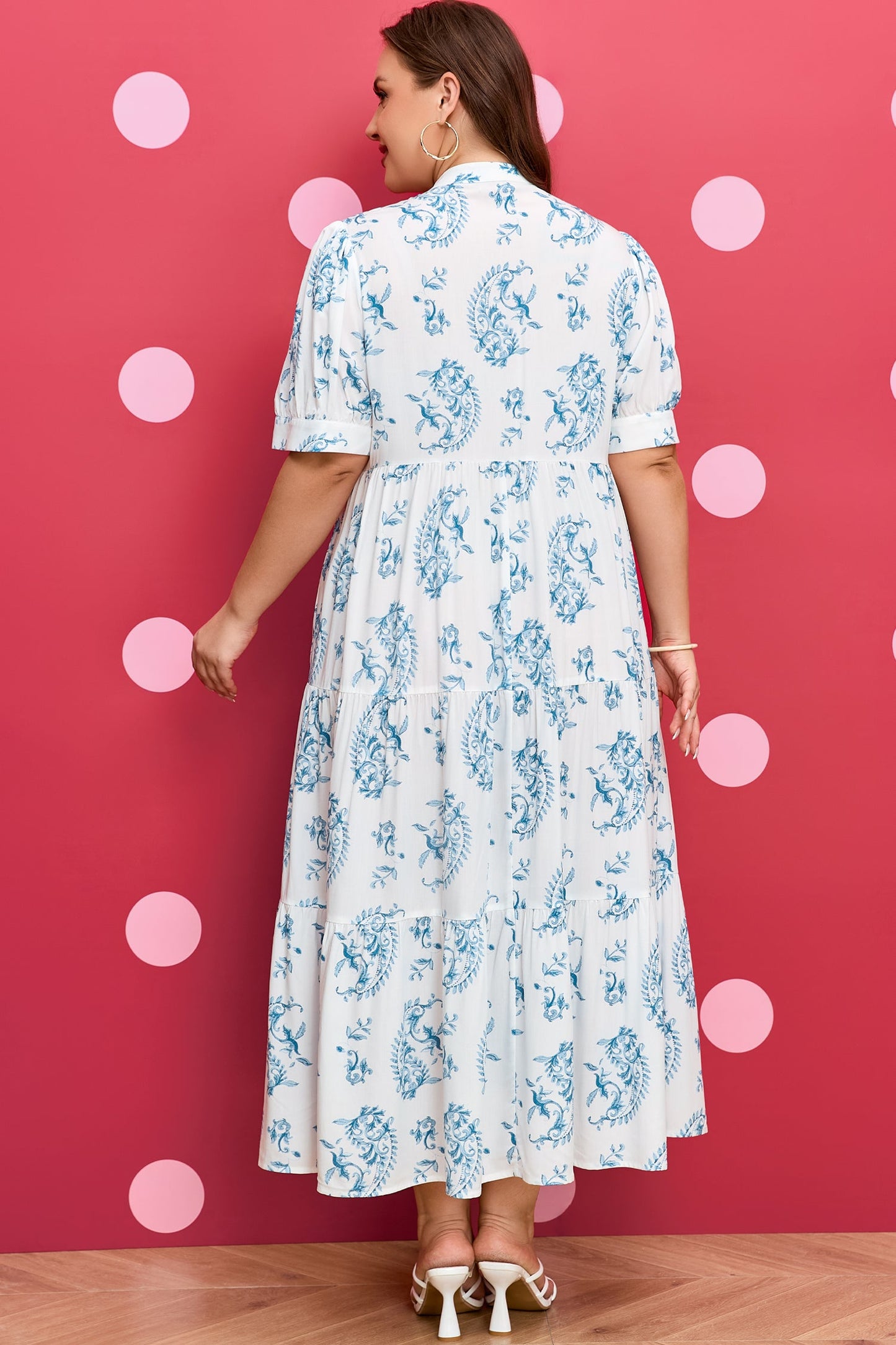 Hazel Blues® | Sky Blue Geometric Floral Print Button Split Neck Short Sleeve Maxi Dress