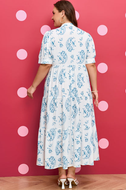 Hazel Blues® | Sky Blue Geometric Floral Print Button Split Neck Short Sleeve Maxi Dress