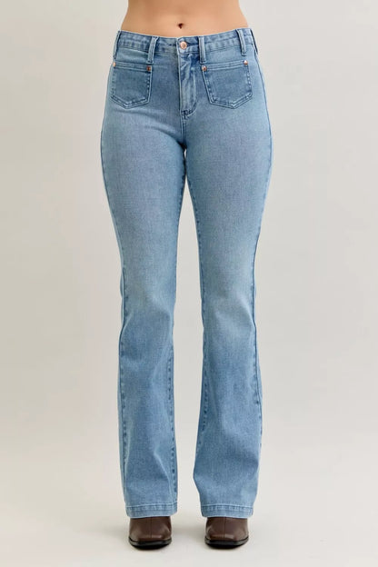 Hazel Blues® | Judy Blue Mid Rise Bootcut Jeans with Contrast Wash & Front Patch Pockets