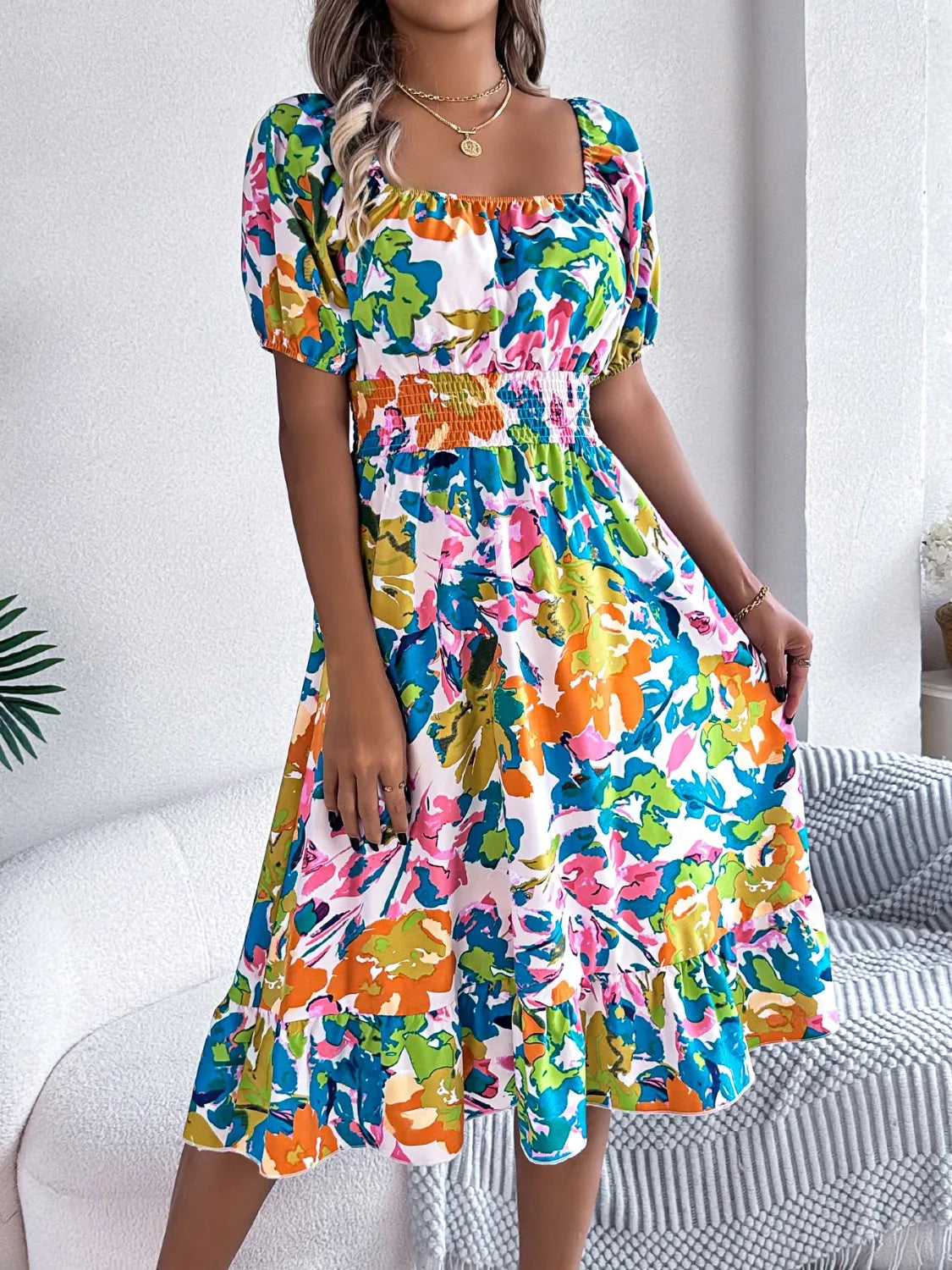Hazel Blues® |  Ruffled Hem Smocked Floral Short Sleeve Midi Dress