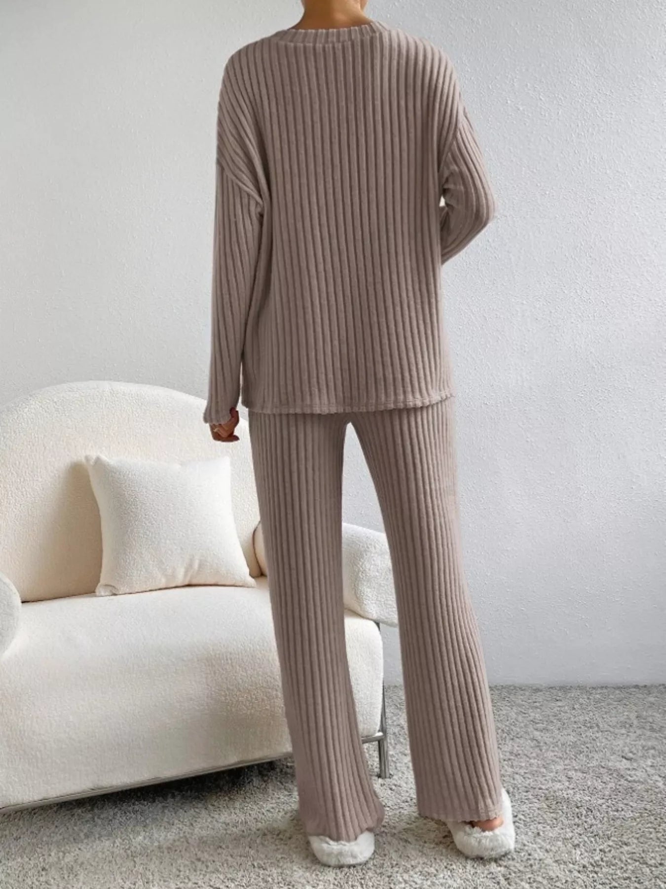 Hazel Blues® |  Ribbed Knit V-Neck Top and Pants Set