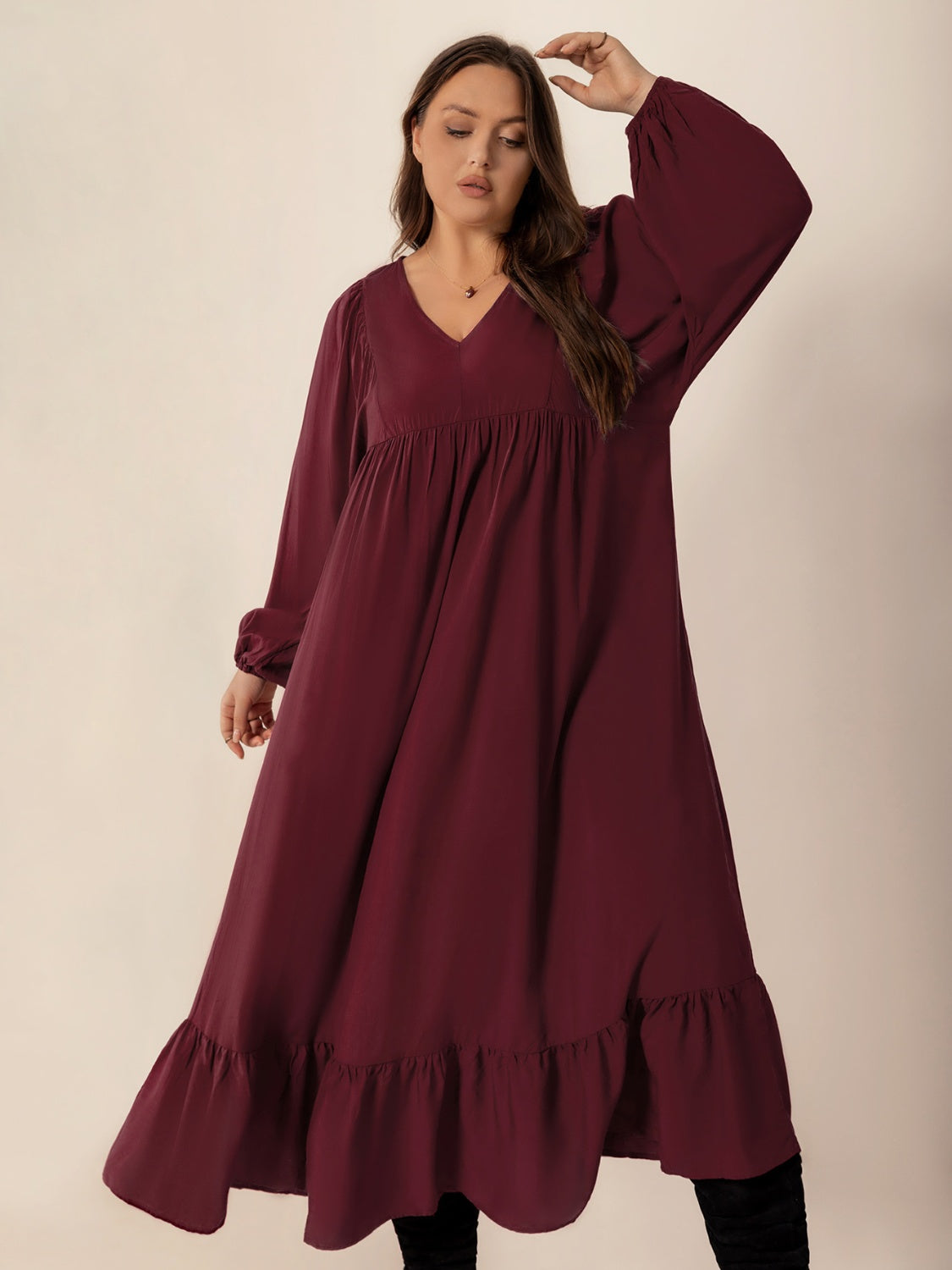 Hazel Blues® | Ruffled Hem V-Neck Balloon Sleeve Dress