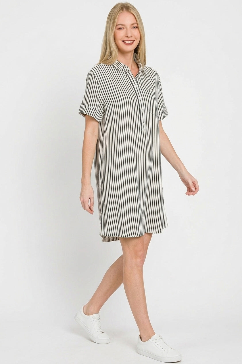 Hazel Blues® |  Zenana Stripe Collared Half Button Up T-Shirts Dress