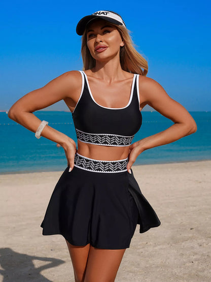 Hazel Blues® | Contrast Trim Tank and Skort Swim Set