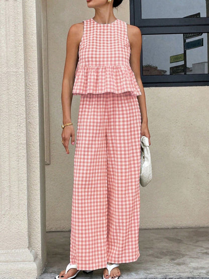 Hazel Blues® |  Gingham Sleeveless Top and Wide-Leg Pants Set