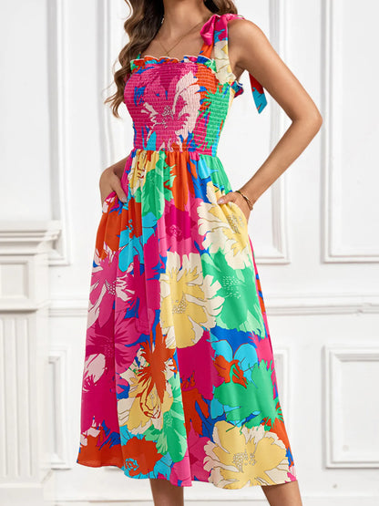 Hazel Blues® |  Smocked Printed Tie Shoulder Midi Dress
