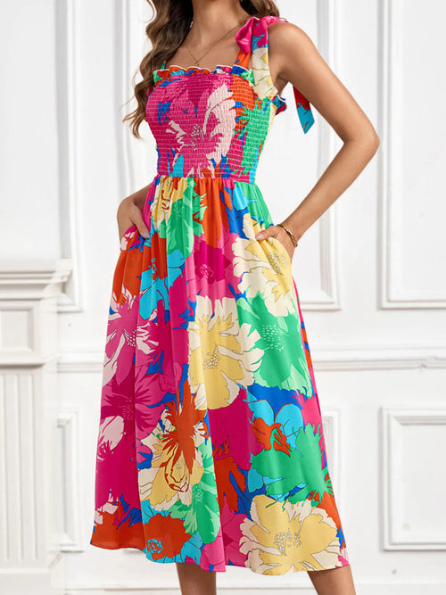 Hazel Blues® |  Smocked Printed Tie Shoulder Midi Dress