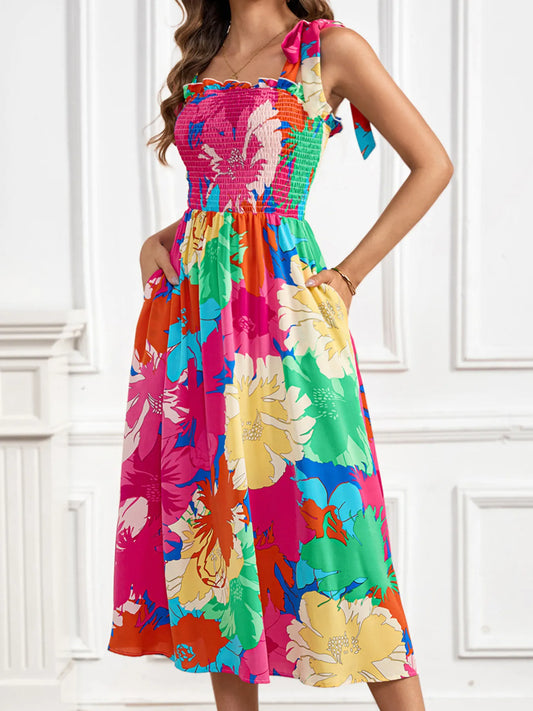 Hazel Blues® |  Smocked Printed Tie Shoulder Midi Dress