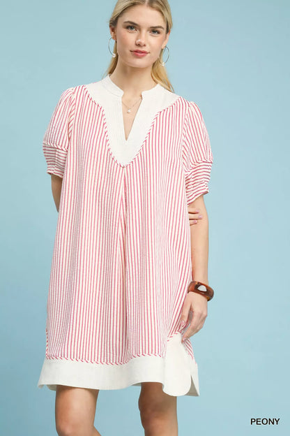 Hazel Blues® |  Umgee Pinstripe Shift Dress with Contrast Trim