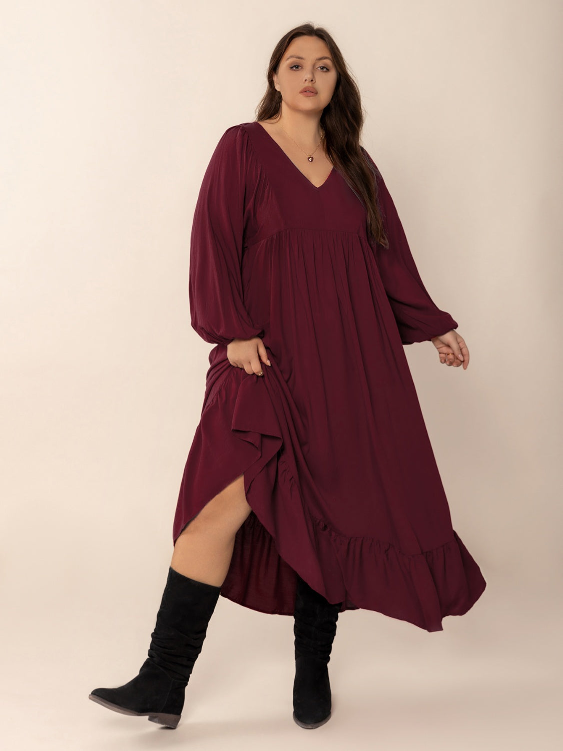 Hazel Blues® | Ruffled Hem V-Neck Balloon Sleeve Dress