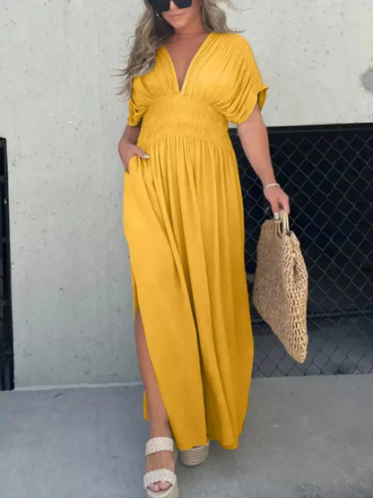 Hazel Blues® | Slit V-Neck Smocked Waist Maxi Dress