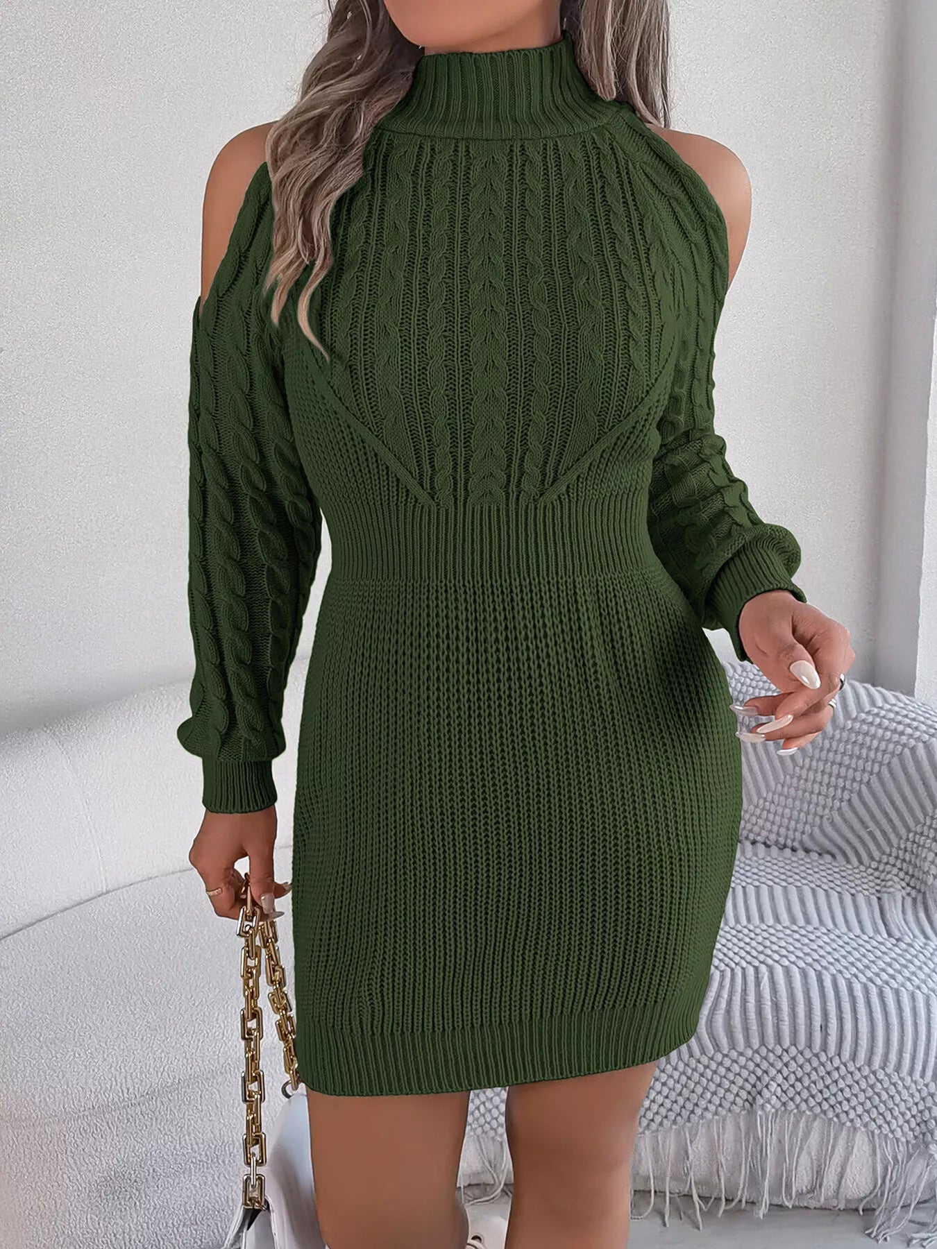 Hazel Blues® |  Cold Shoulder Cable Knit Turtleneck Sweater Dress