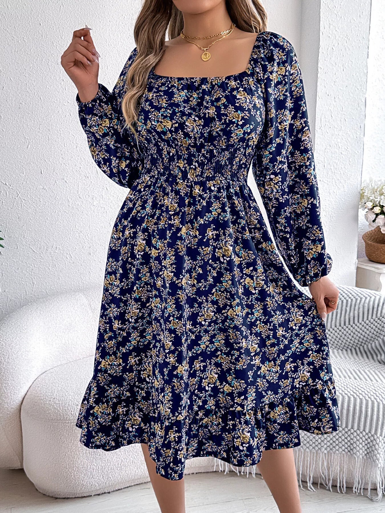 Hazel Blues® |  Floral Print Long Sleeve Square Neck Midi Dress
