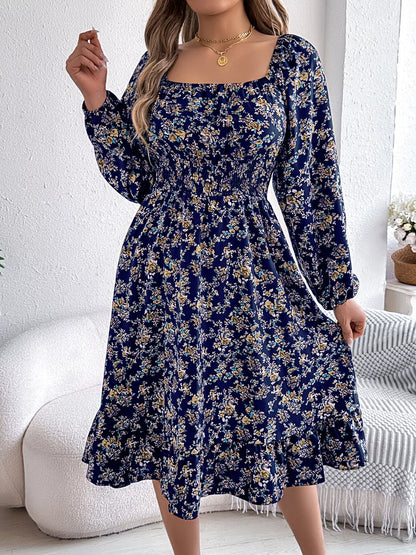 Hazel Blues® |  Floral Print Long Sleeve Square Neck Midi Dress