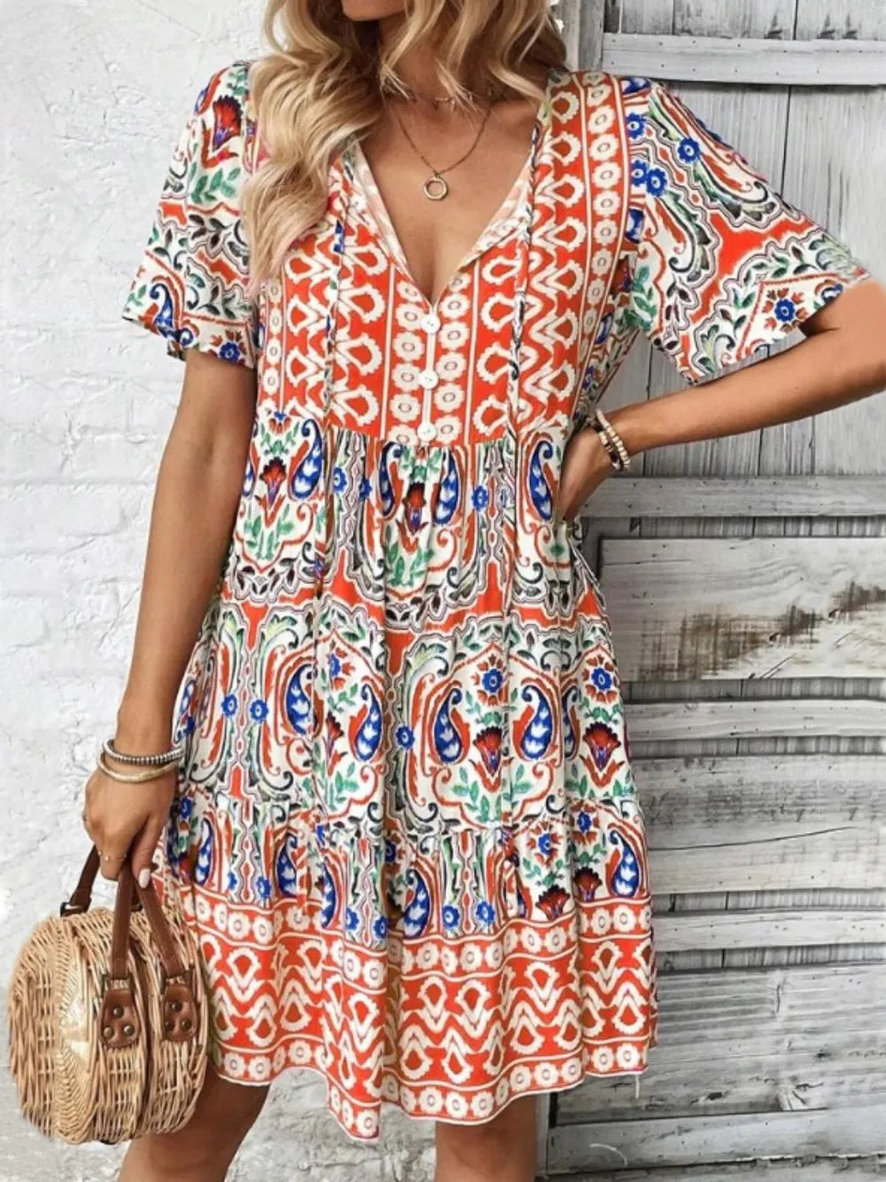 Hazel Blues® |  Printed Tie Neck Short Sleeve Dress