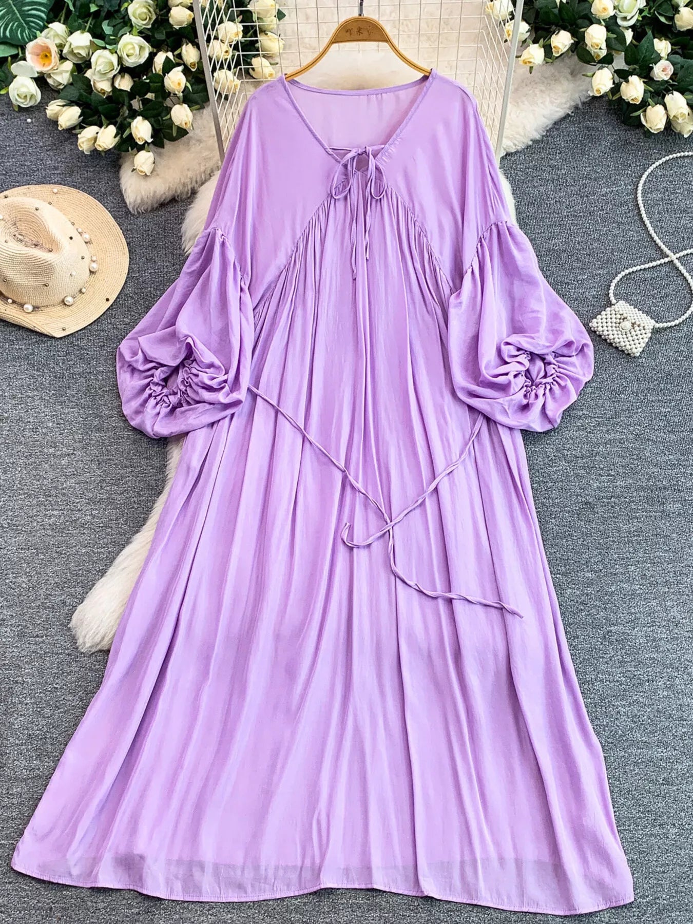 Hazel Blues® |  Balloon Sleeve Tie-Waist Dress