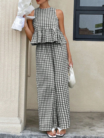 Hazel Blues® |  Gingham Sleeveless Top and Wide-Leg Pants Set