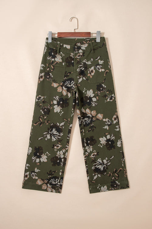Hazel Blues® |  Green Vintage Floral Print Square Patch Pocket Raw Hem Shift Jeans