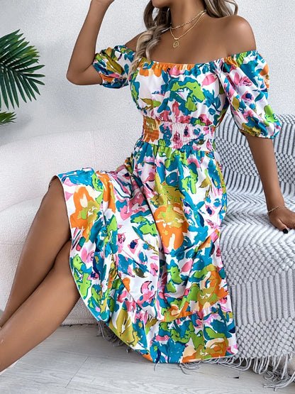 Hazel Blues® |  Ruffled Hem Smocked Floral Short Sleeve Midi Dress