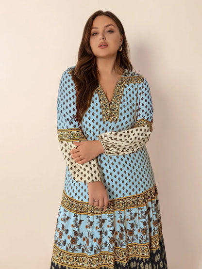 Hazel Blues® | Printed V-Neck Balloon Sleeve Maxi Dress
