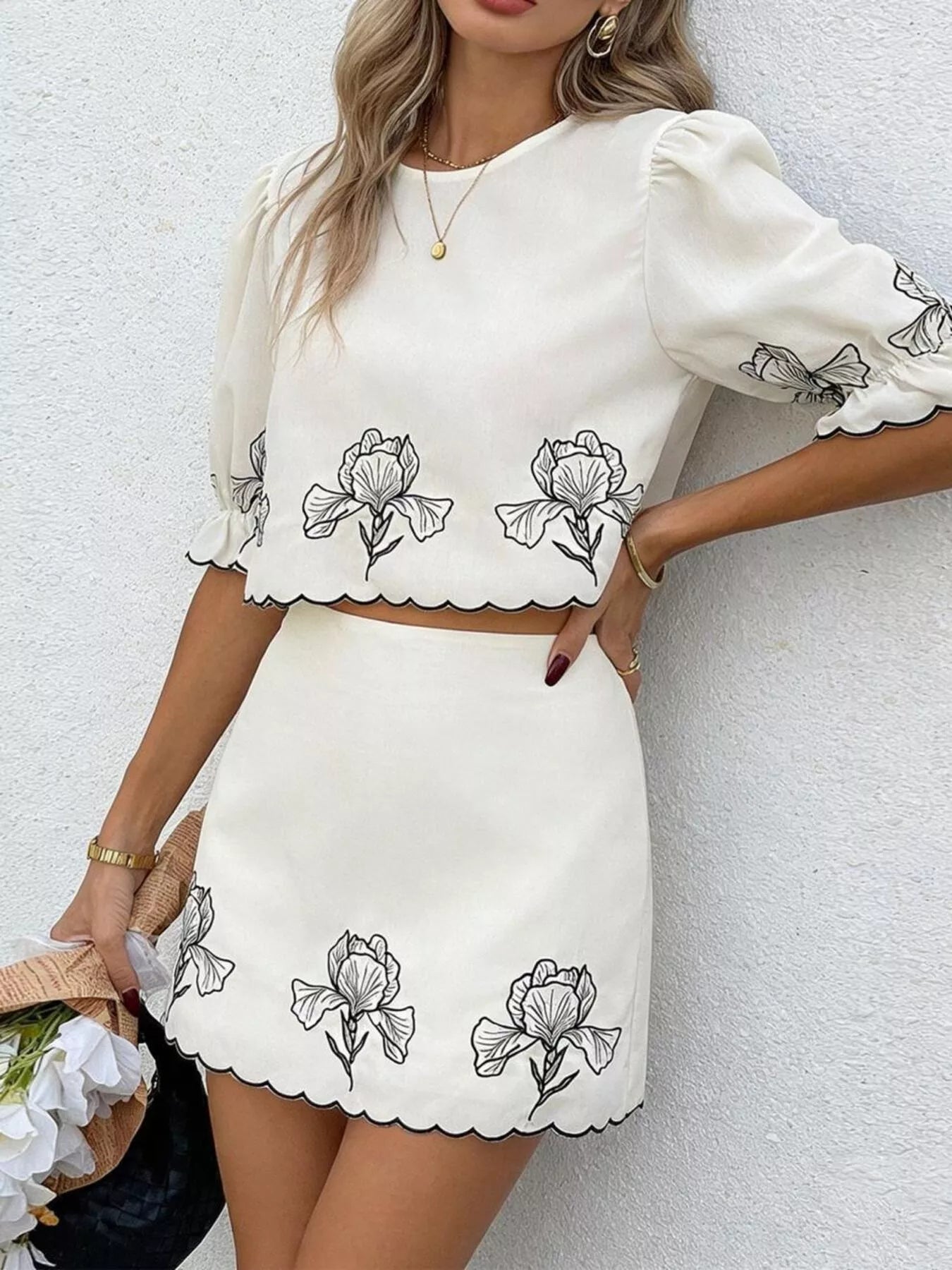 Hazel Blues® |  Floral Scallop Trim Top and Skirt Two-Piece Set