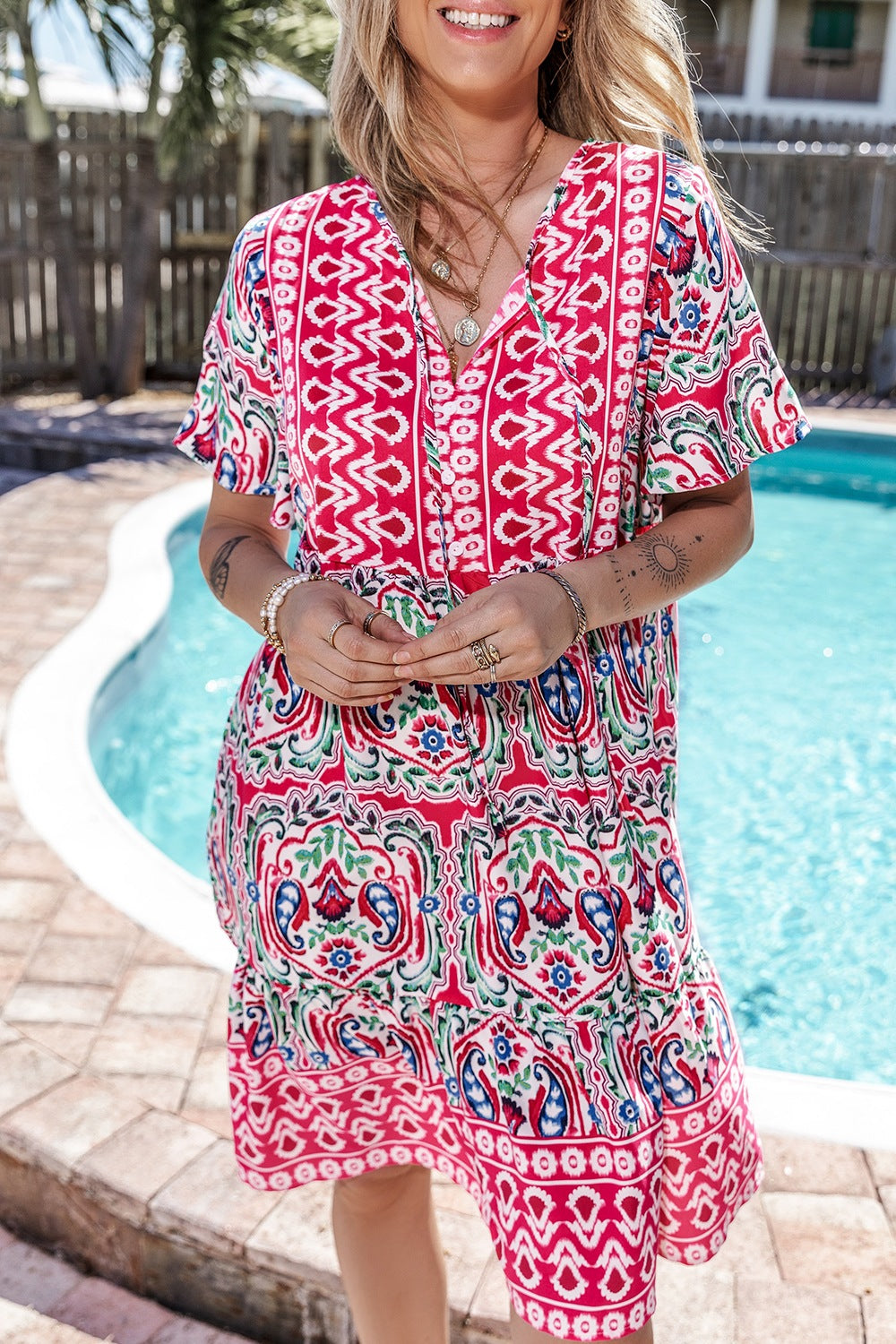 Hazel Blues® |  Printed Tie Neck Short Sleeve Dress