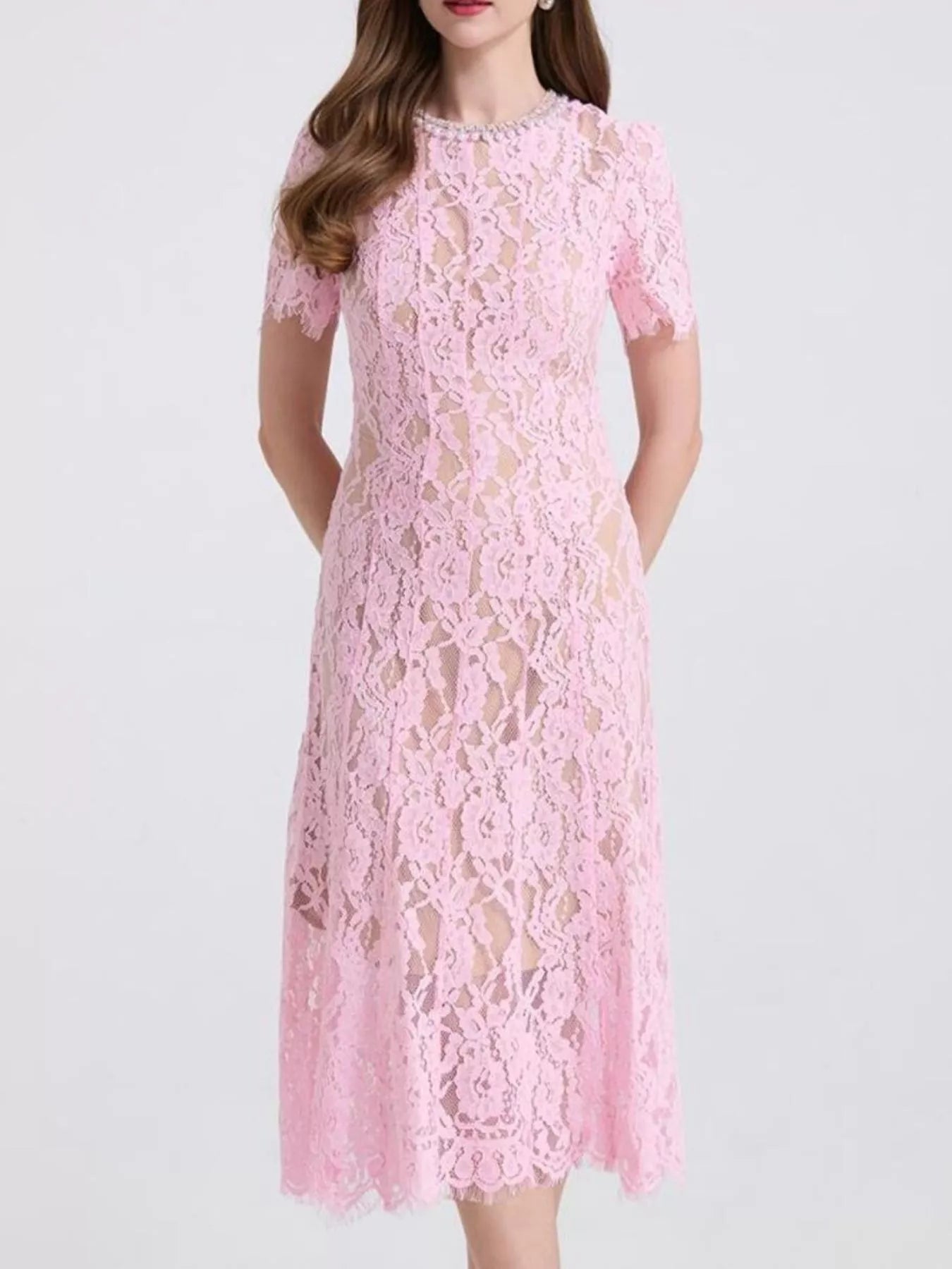 Hazel Blues® |  Lace Pearl Neckline Midi Dress