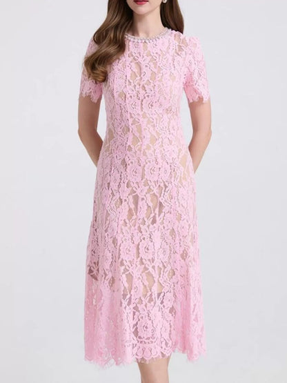 Hazel Blues® |  Lace Pearl Neckline Midi Dress