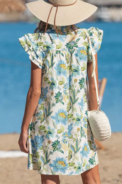 Hazel Blues® |  Floral Print V Neck Triple Ruffle Short Sleeve Shift Mini Dress