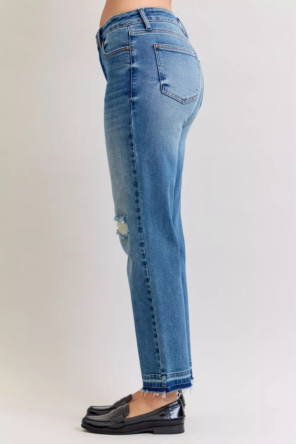 Hazel Blues® | Judy Blue Mid Rise Bf Patch & Repair Destroy Release Hem Jeans