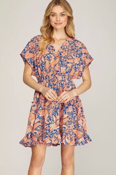 Hazel Blues® | She + Sky Ruffled Hem Printed Surplice Kimono Sleeve Mini Dress