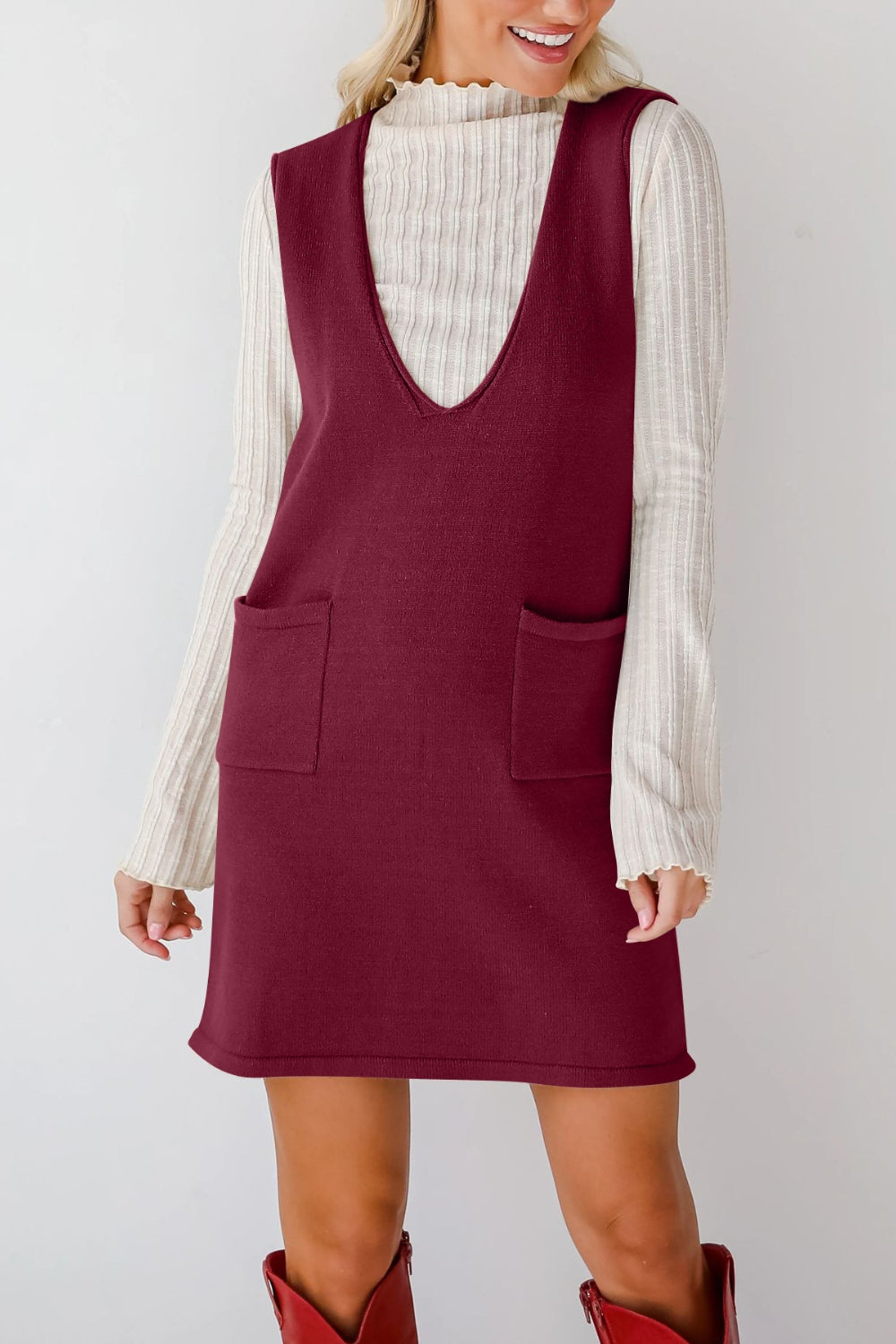 Hazel Blues® |  Lovelet Pocketed V-Neck Mini Sweater Overall Dress