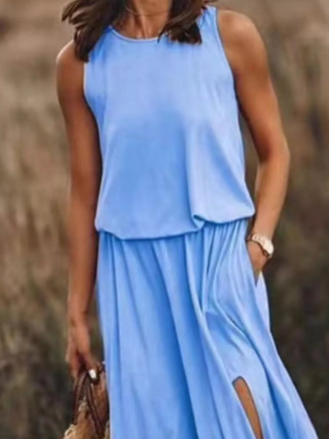 Hazel Blues® | Round Neck Sleeveless Slit Maxi Dress