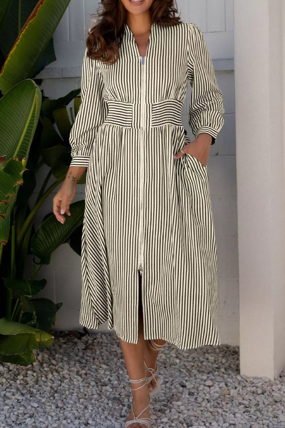 Hazel Blues® |  Stripe V Neck Zip Front Cinched High Waist Midi Dress