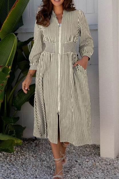 Hazel Blues® |  Stripe V Neck Zip Front Cinched High Waist Midi Dress
