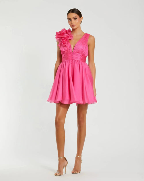 Pink Ruffle V Neck Fit & Flare Mini Dress