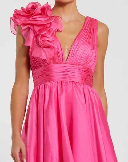 Pink Ruffle V Neck Fit & Flare Mini Dress