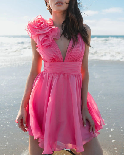 Pink Ruffle V Neck Fit & Flare Mini Dress