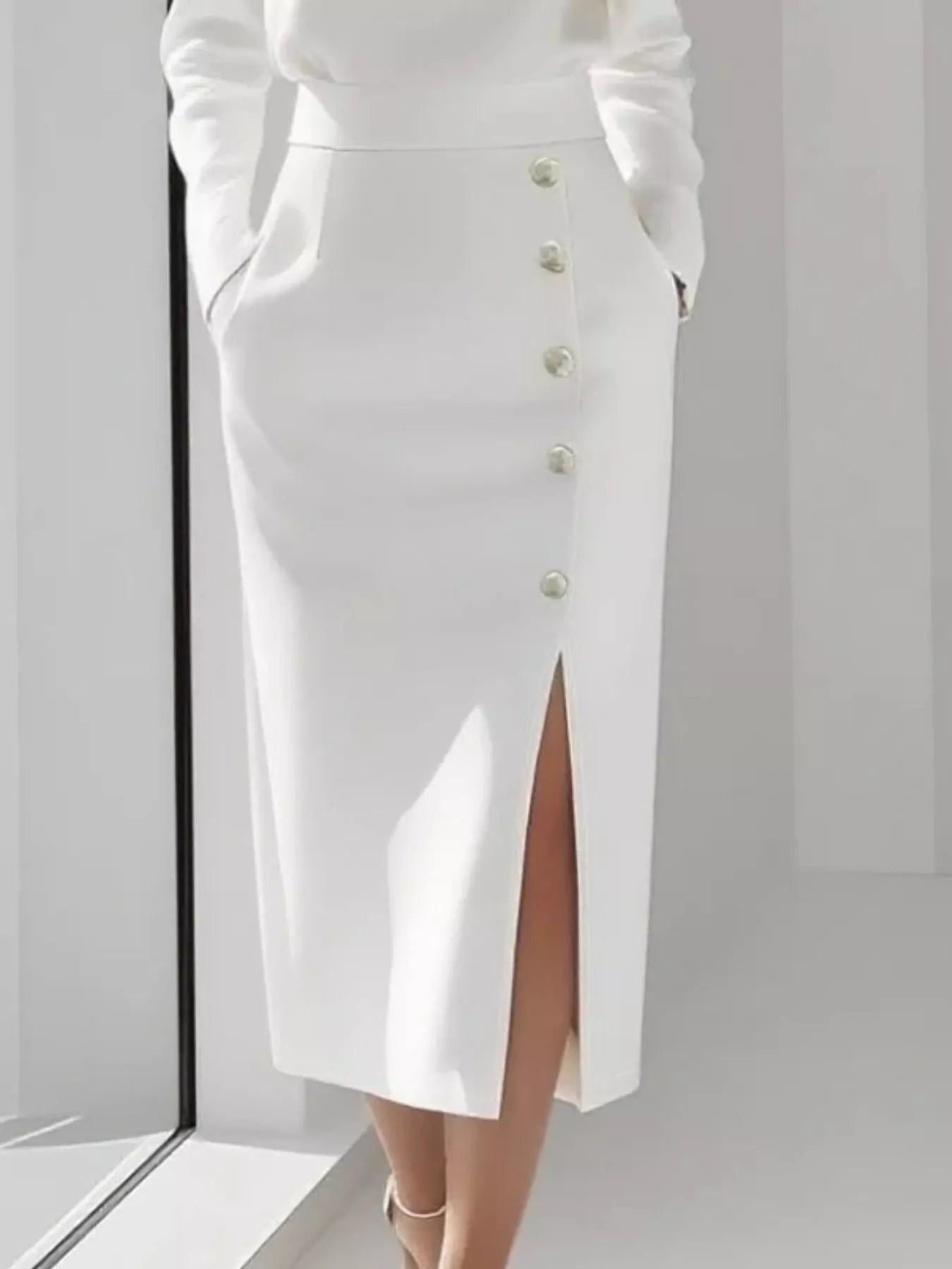 Hazel Blues® |  Long Sleeve Button Detail Midi Dress with Side Slit