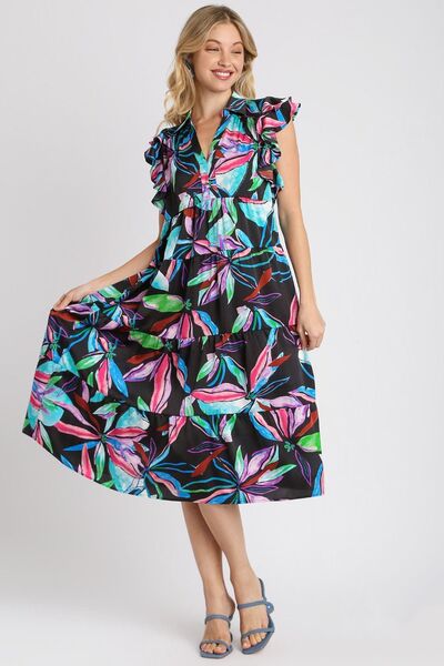 Hazel Blues® | Umgee Leaf Print Double Layered Ruffle Sleeve Tiered Midi Dress