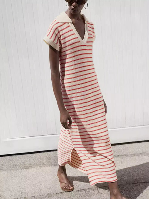 Hazel Blues® |  Striped Slit Short Sleeve Maxi Dress