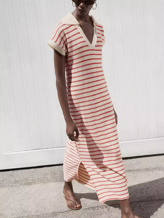 Hazel Blues® |  Striped Slit Short Sleeve Maxi Dress